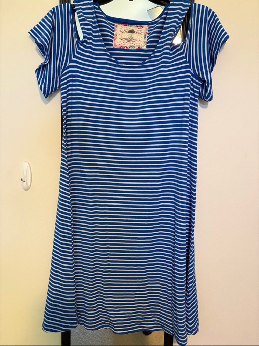 Cupio Blue and White Striped Top with Floral Trim